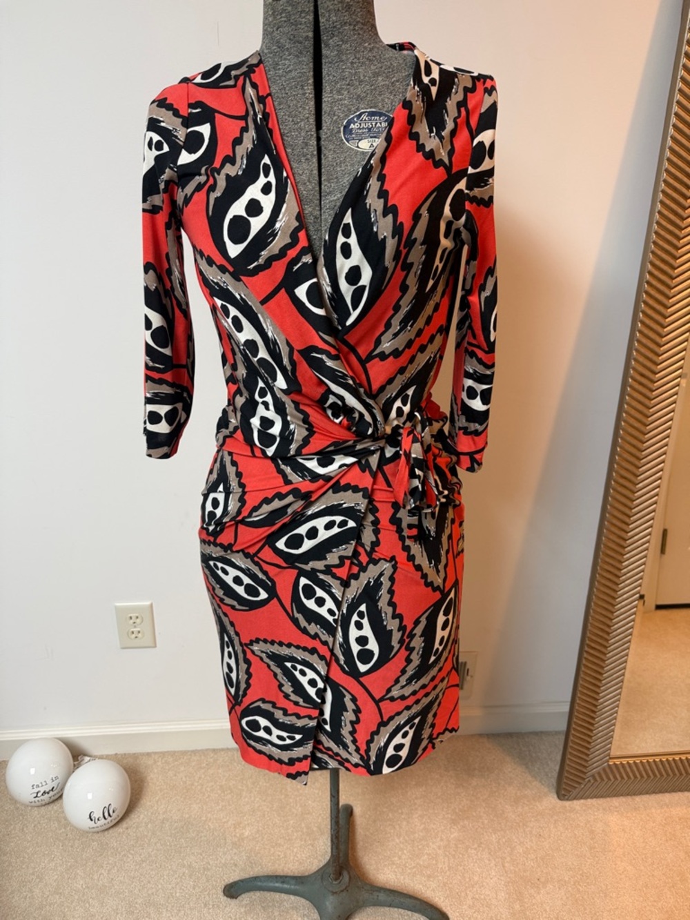 Diane Von Furstenberg Red Black and White Abstract Wrap Midi Dress